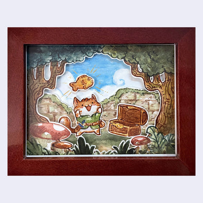 Layered paper collage of a small orange tabby cat, dressed like Link from Legend of Zelda. It stands next to an open chest with a golden taiyaki floating overhead. The scene is framed within a forest setting.