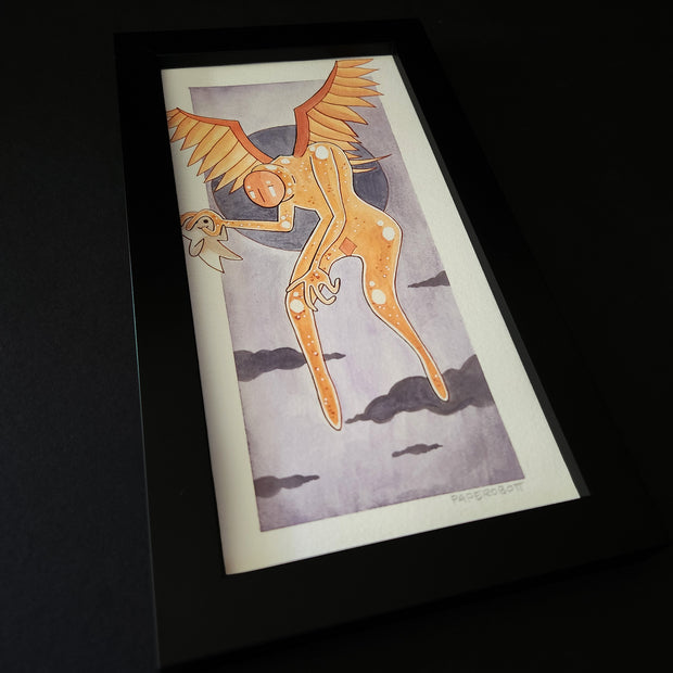 Illustration of a large, lanky orange robotic angel creature. It has no face, but an orange disk covering its face. Wings sprout from its back and it holds a small white cartoon character in its hand, holding it up by its head.
