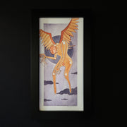 Illustration of a large, lanky orange robotic angel creature. It has no face, but an orange disk covering its face. Wings sprout from its back and it holds a small white cartoon character in its hand, holding it up by its head.