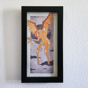 Illustration of a large, lanky orange robotic angel creature. It has no face, but an orange disk covering its face. Wings sprout from its back and it holds a small white cartoon character in its hand, holding it up by its head.