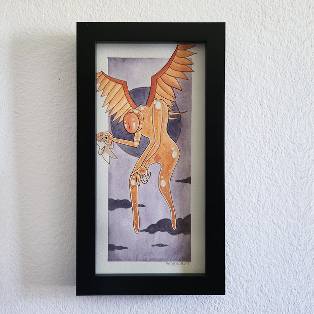 Illustration of a large, lanky orange robotic angel creature. It has no face, but an orange disk covering its face. Wings sprout from its back and it holds a small white cartoon character in its hand, holding it up by its head.