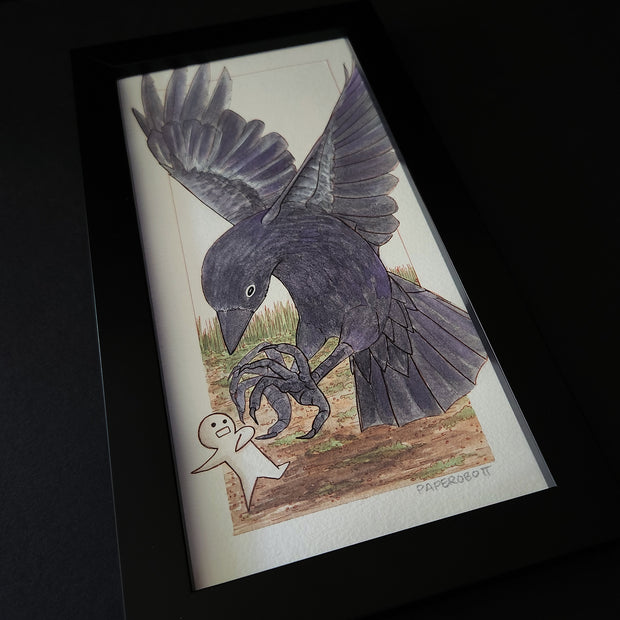 Illustration of a small white character with a very simplistic body and face, running away from a large crow, which swoops down and is about to grab it in its talons.