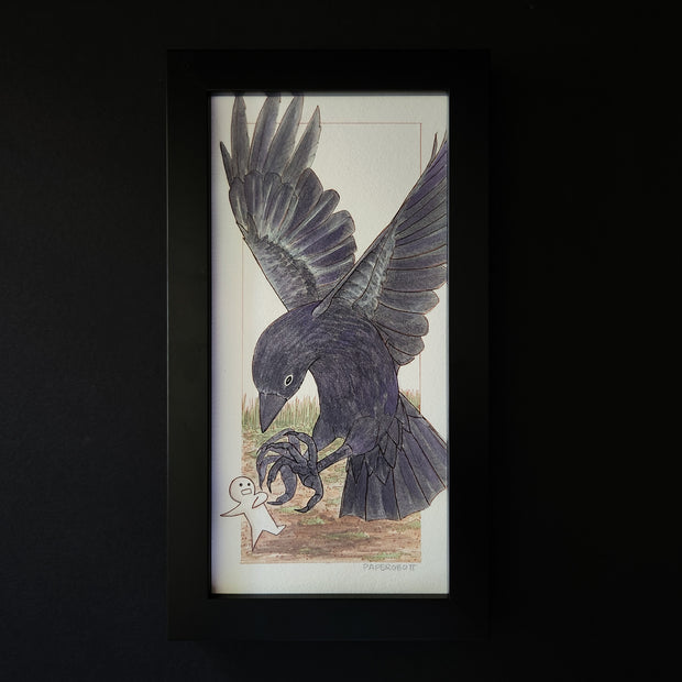 Illustration of a small white character with a very simplistic body and face, running away from a large crow, which swoops down and is about to grab it in its talons.