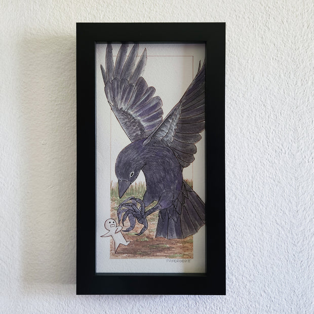 Illustration of a small white character with a very simplistic body and face, running away from a large crow, which swoops down and is about to grab it in its talons.