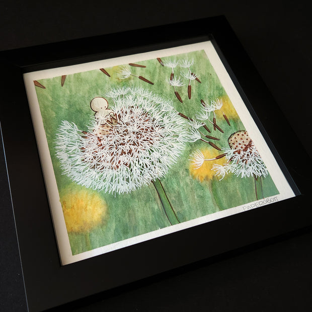 Watercolor illustration of a dandelion, with its wisps flying away. Atop of it sits a white simplistic character.