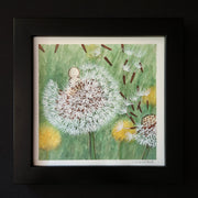 Watercolor illustration of a dandelion, with its wisps flying away. Atop of it sits a white simplistic character.