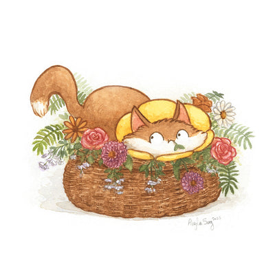 Watercolor painting of a very fluffy brown and white cartoon cat sitting in a woven basket with flowers around them. They look off to the side and have a leaf in their mouth. Around their head is a yellow flower like collar.