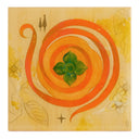 Painting on wood panel of a persimmon, seen from overhead with an orange spiral coming off of it like a peel. 2 small simplistic figures stand in the upper left corner and faint floral drawings are in the background.