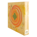 Painting on wood panel of a persimmon, seen from overhead with an orange spiral coming off of it like a peel. 2 small simplistic figures stand in the upper left corner and faint floral drawings are in the background.