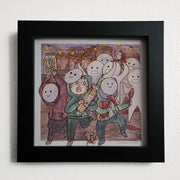 Watercolor painting of 3 cats disguised as humans with face masks, running away with treats in their arms. Behind them a crowd chases, one member holding up a tiny king.