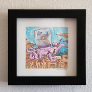 Watercolor painting of a purple octopus, with a clear jar over its head. Where its head should be is a small robotic ship with satellites. It floats underwater with rock formations under it.