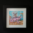 Watercolor painting of a purple octopus, with a clear jar over its head. Where its head should be is a small robotic ship with satellites. It floats underwater with rock formations under it.