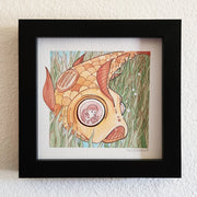Watercolor painting of a large mechanical orange and yellow fish. Inside, is a small white character driving it like a submarine. They move through sea grass underwater.