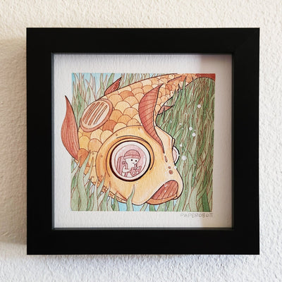 Watercolor painting of a large mechanical orange and yellow fish. Inside, is a small white character driving it like a submarine. They move through sea grass underwater.