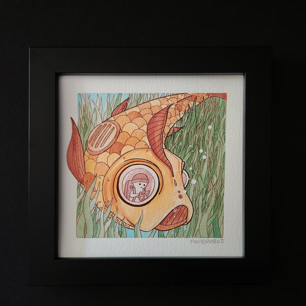 Watercolor painting of a large mechanical orange and yellow fish. Inside, is a small white character driving it like a submarine. They move through sea grass underwater.