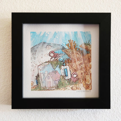Watercolor illustration of an underwater scene. An upside down clear mug covers a small house surrounded by moss and ocean rocks. A large sea creature is in the background and small simplistic white characters float around the scene.