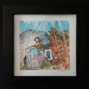 Watercolor illustration of an underwater scene. An upside down clear mug covers a small house surrounded by moss and ocean rocks. A large sea creature is in the background and small simplistic white characters float around the scene.