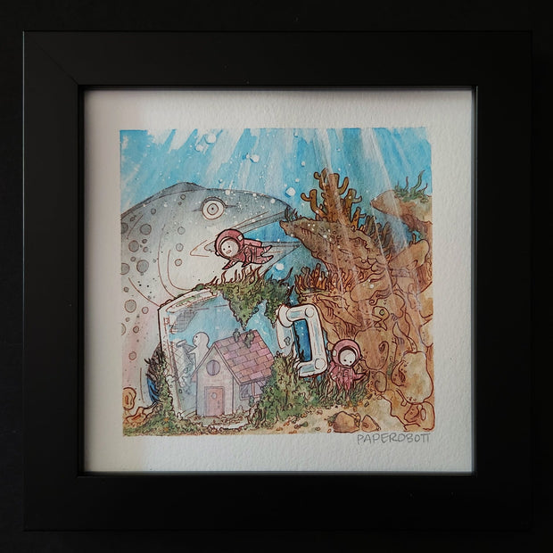 Watercolor illustration of an underwater scene. An upside down clear mug covers a small house surrounded by moss and ocean rocks. A large sea creature is in the background and small simplistic white characters float around the scene.