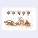 Sepia toned watercolor illustration of a dragon, running excitedly with a small dog following along. A cat wearing a dragon coat holds on to the back.