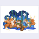 Watercolor illustration of 2 foxes with multiple tails, the look quizzically at a raccoon with a fox face mask, who talks to them. They stand in a bamboo forest at night. 