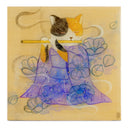 Illustration on exposed wood panel of a cartoon calico cat, wearing a purple robe and playing the flute with its eyes closed. Flower petals fall around it. 