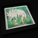 Illustration of a white kitsune fox, very large with 9 tails. It stands in the middle of a lush forest next to a small character who holds a kitsune mask.