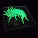 Illustration of a white kitsune fox, very large with 9 tails. It stands in the middle of a lush forest next to a small character who holds a kitsune mask. Lights are off and the fox glows in the dark.