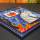 Side view of a needlepoint artwork of a horse, an apple and a digital clock. The exterior of the panel is wrapped in a black and white checkerboard pattern.