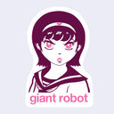 Sticker of an anime-style character with 'giant robot' text on a light purple background