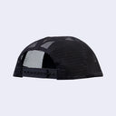 Back of a black mesh hat, with a snap adjustment closure.