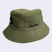 Olive green bucket hat with black embroideredm text that reads "giant robot" in cursive.