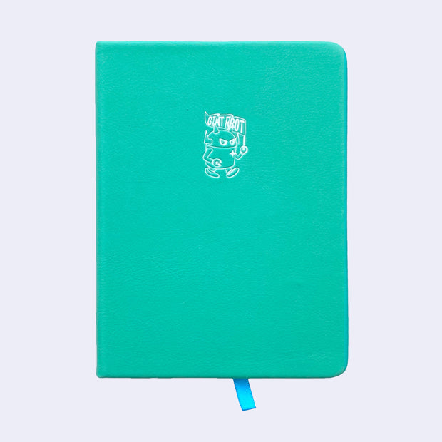 Turquoise pleather covered sketchbook with a small embossment of a robot carrying a flag that reads "Giant Robot" in the upper center.