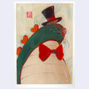 Illustration of a rounded head Godzilla character, green with a white stomach and red heart shaped back spikes. It has a large red bowtie, monocle and a top hat.