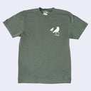 Green t-shirt with white bird graphic on a light gray background