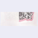 Open page spread of a memo pad with light abstract designs in bright but faded coloring.