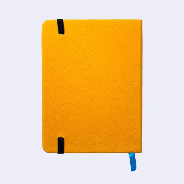  Backside of a goldenrod yellow pleather covered journal with an elastic closure and a shiny blue page marking ribbon.