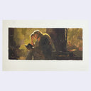 Painting of a person reading a book in a warm-toned setting