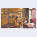 Painting based on a film still from Do the Right Thing of a man sitting inside of a restaurant, with soft lighting coming from on overhead lamp and brighter lighting coming from the window behind him.