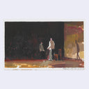 Painting based on a film still from Farewell my Concubine of 2 characters seen in a dark lit area, possibly a stage or a darkly lit room with only a chair visible.