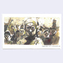 Painting based on a film still from Farewell My Concubine of a group of people seen upclose, all with eye masks of sorts.