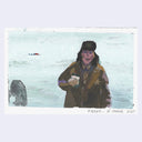 Painting based on a film still from Fargo of a woman dressed as a park ranger or officer in a winter setting, holding a cup of coffee.