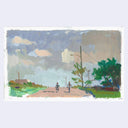 Painting based on a film still from Gummo, of 2 boys seen from afar riding their bikes in a rural area with a large sky and barren landscape.