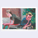Painting based on a film still from Gummo of the 2 main characters sitting on a bench, looking dejected, One has his head in his hand and the other has his elbows on his knees, looking outward.