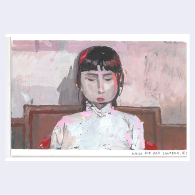Painting based on a film still from Raise the Red Lantern of a girl sitting, seen only from the chest up. She has dark hair, bangs and looks down in a dejected or serious manner.