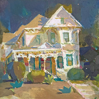 Painting of a two-story house with a porch, surrounded by trees and bushes.