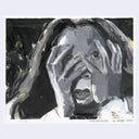 Painting based on a film still from RASHAMON, in greyscale of a woman seen from upclose with a scared expression and her hands on her face, with her fingers parted so she can see out of them.