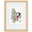 Framed illustration of a cartoon character dressed in traditional Japanese attire with modern sneakers, standing in a long and tall row of gachapon capsule machines, looking curiously.