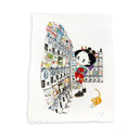 Illustration of a cartoon character dressed in traditional Japanese attire with modern sneakers, standing in a long and tall row of gachapon capsule machines, looking curiously.