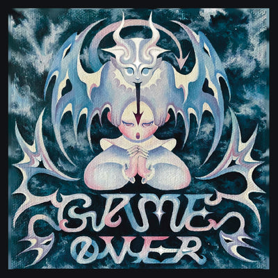 Painting of a stylized angel, holding their hands together. A demon angel creature is atop its head and below reads "Game Over."