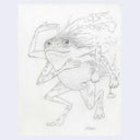 Pencil drawing of a creature with frog-like body and human-like arms and head on a white background.